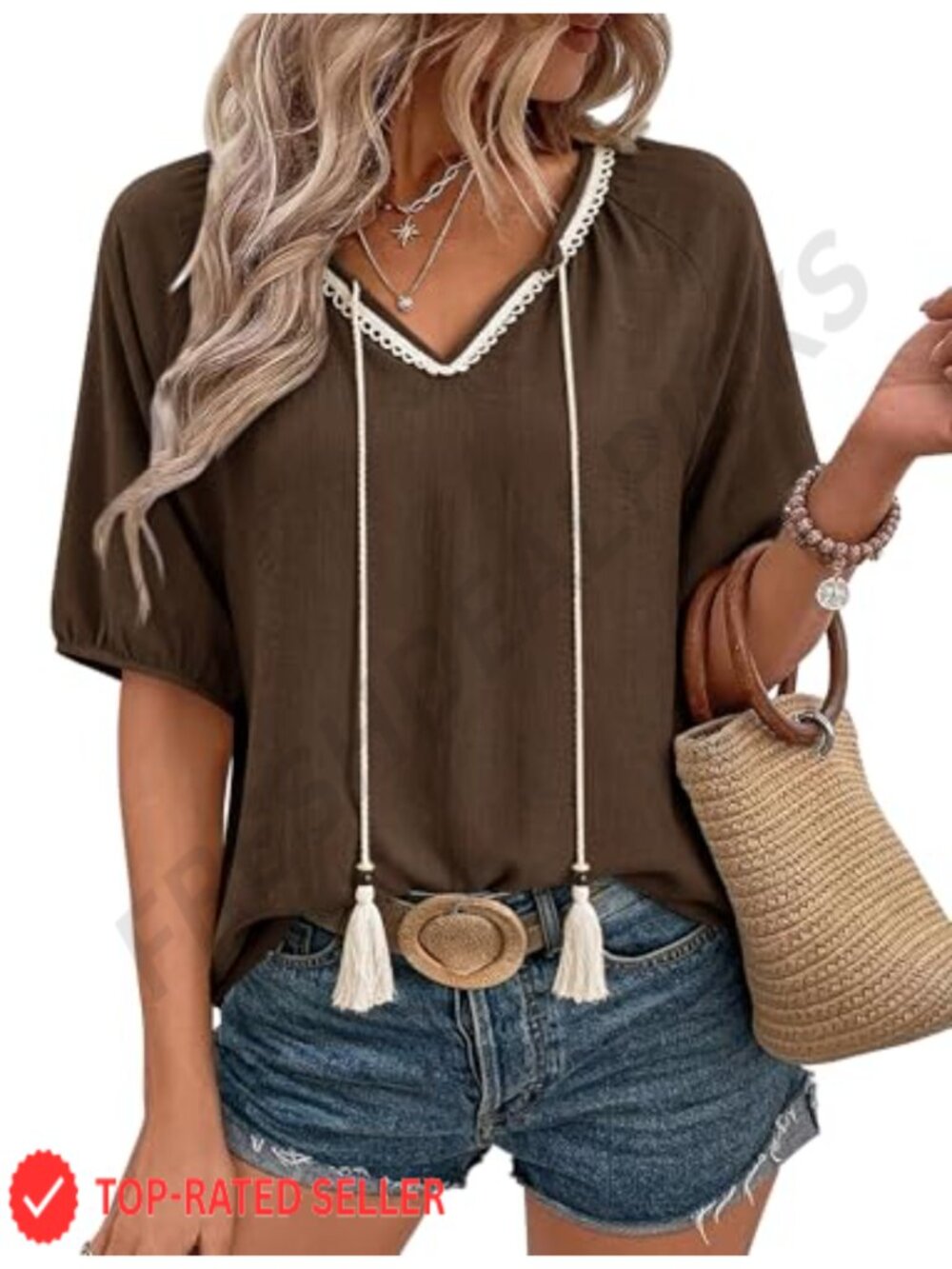 Women Short Sleeve Boho Flowy V Neck Tunic Blouse Summer Top
